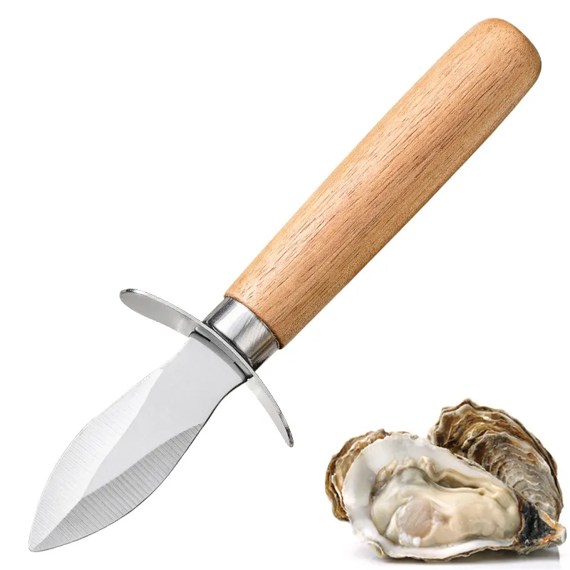 Rostfritt stål Oyster Clam Shucking Knife Opener med trähandtag Kök Skydda skaldjur Skarpkantade skalöppnare Tool