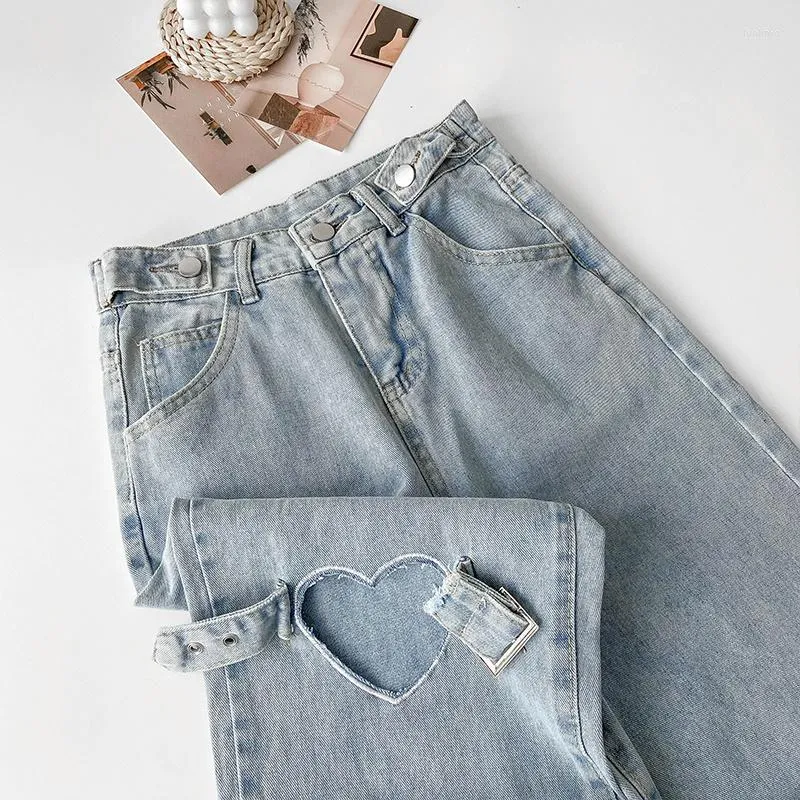 Kvinnors jeans älskling hål kvinnors höga midja lös rak denim byxor kvinnlig vintage bred benbyxor streetwear