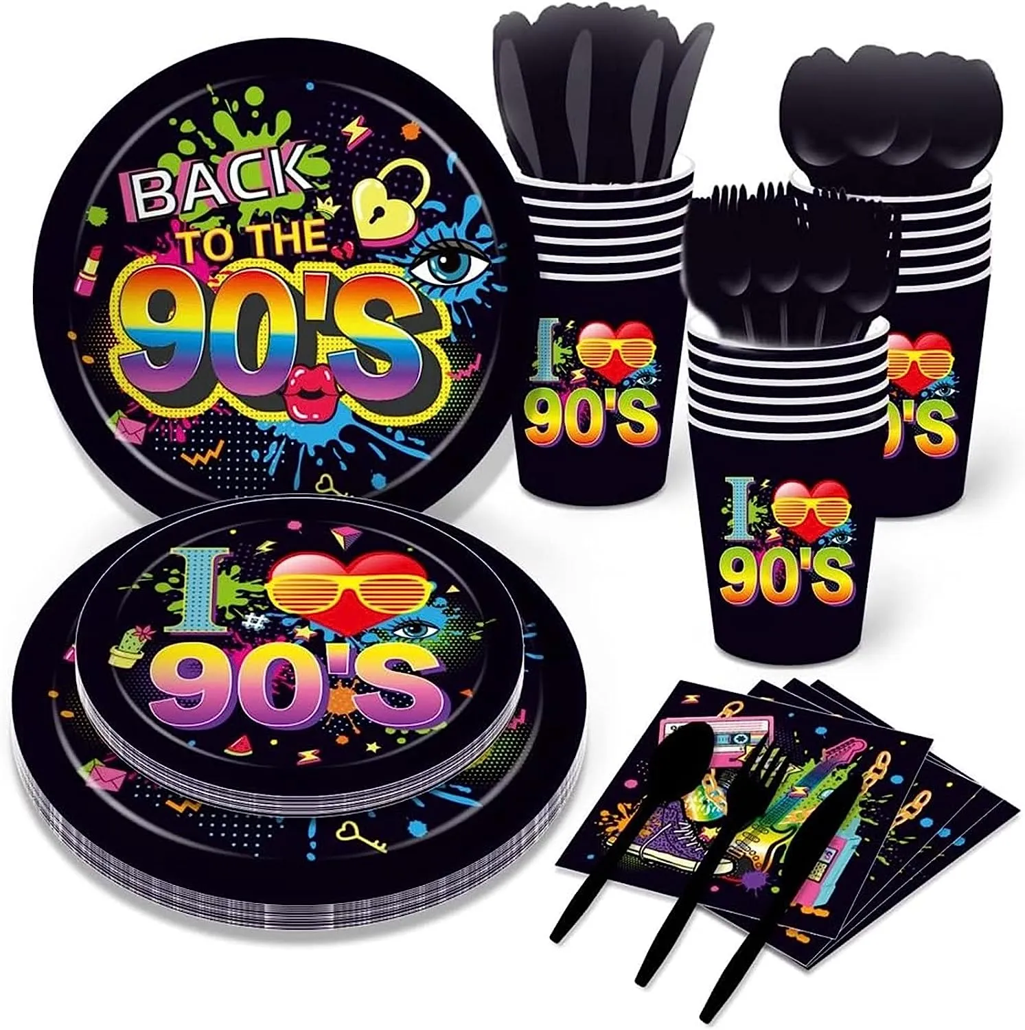 90s Birthday Party Supplies Paper Plates Set Post Tape Audio Plates Skating Tissue Theme Cup Dinnerware Party Hip Hop Cutlery Kits Serves 8 Guests Napkins 68PCS