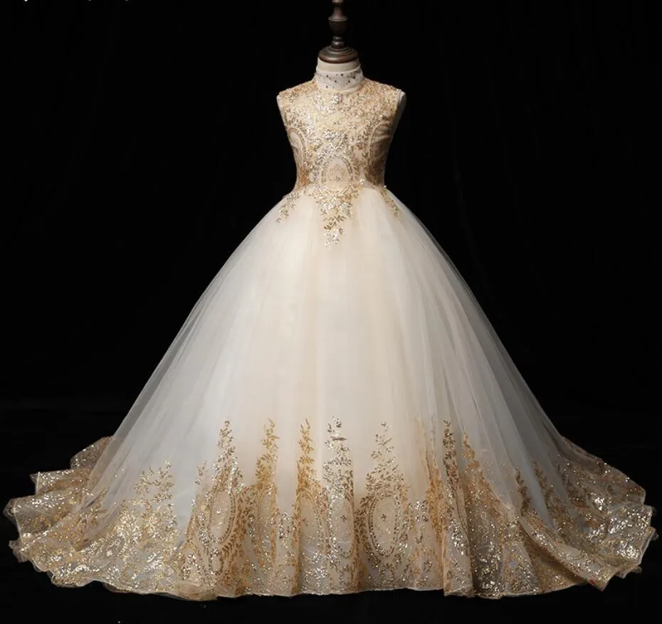 Flickas klänningar blomma lång klänning gyllene paljett spets flickor prom klänningar flicka festklänningar kväll prinsessa bröllop flicka klänningar 230615