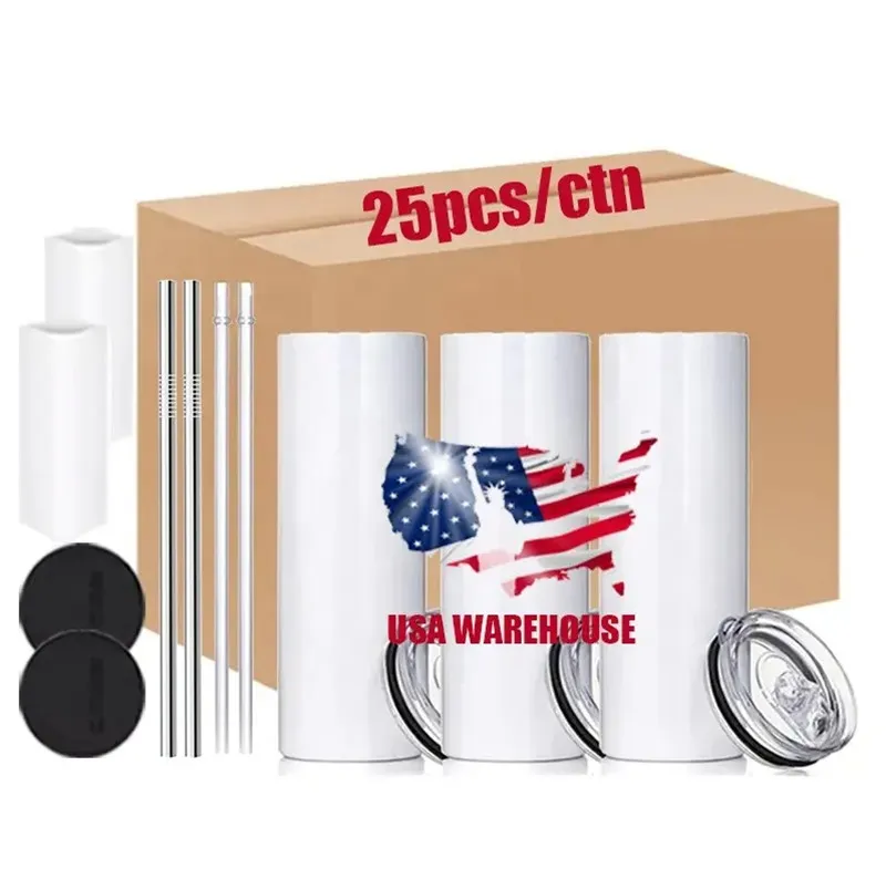 CA US Stock 20oz Sublimation Tumbler Blanks白直線ステンレス鋼マグカップDIY真空断熱車