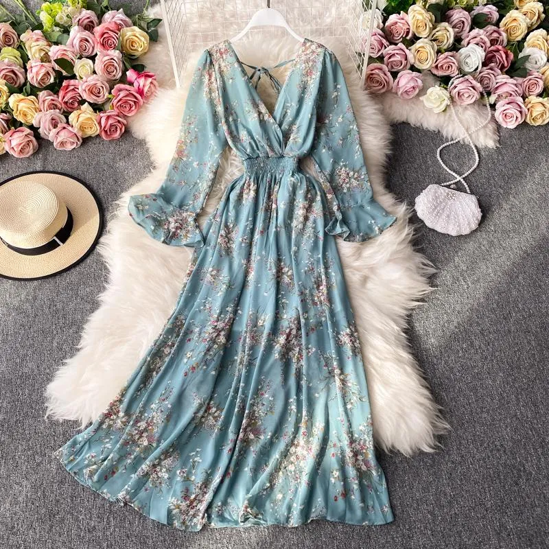 Vestidos Casuais Boho Maxi Vestido Mulher Floral Manga Longa Chiffon Elegante Outono Vintage Para Mulheres Festa Decote em V Roupas 2023 Midi