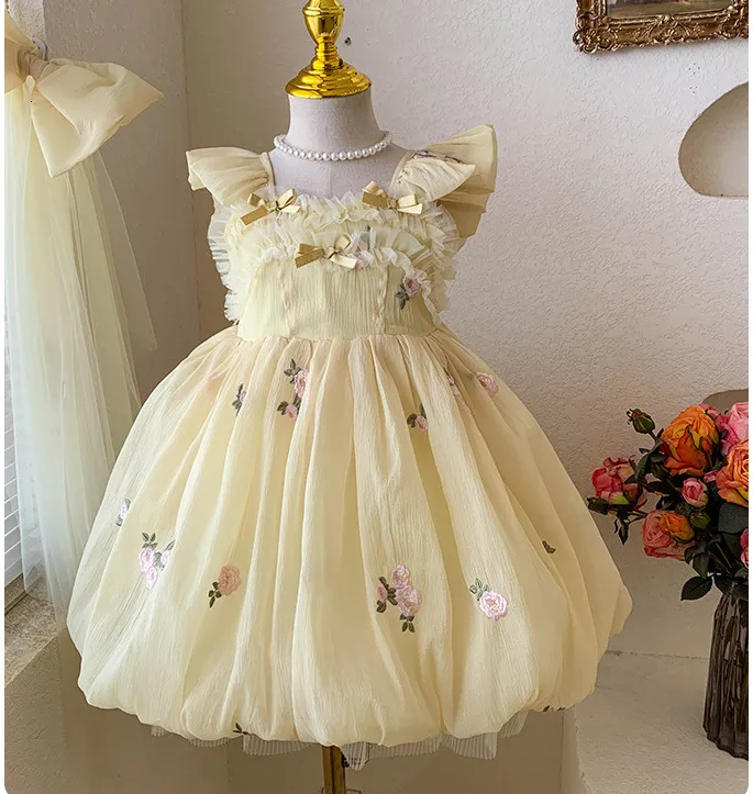 Girl's Dresses Retail Baby Girls Fairy Boutique Back Big Bow Flower Dress Princess Kids Sweet Party Birthday Dress Holiday 2-7 T 230615