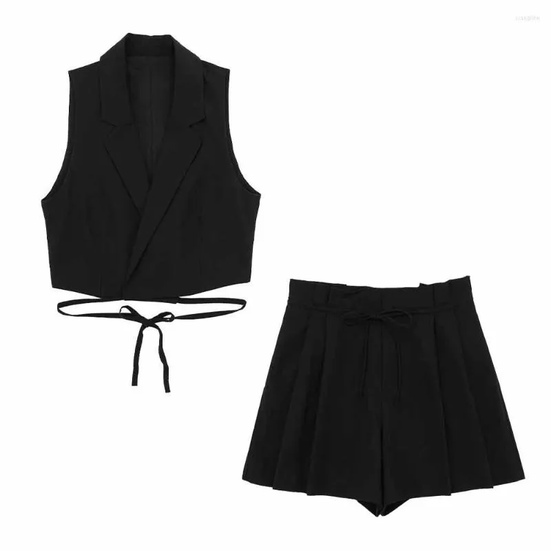 Damen-Trainingsanzüge DAMEN 2023 Zweiteiliges Set Sommer Leinenmischung Slim Lace-up Top 5427731 Weibliches Design Sense Lässige High-Rise-Shorts