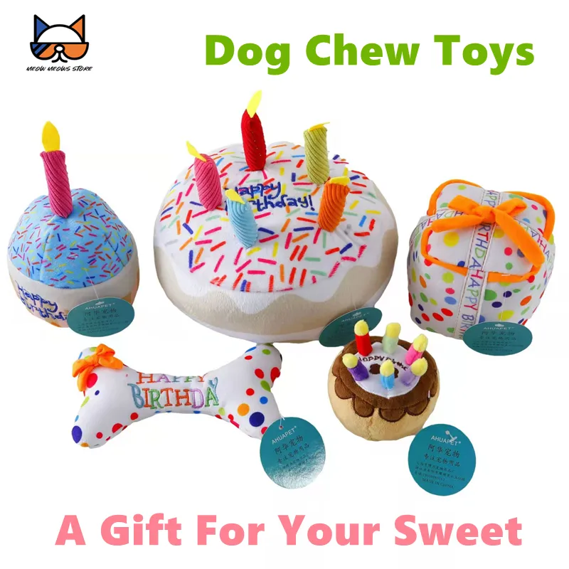 Jouets à mâcher pour chien fête d'anniversaire peluche chiot jouets en forme de gâteau interactif à mâcher pour animaux de compagnie jouets grinçants avec des bougies