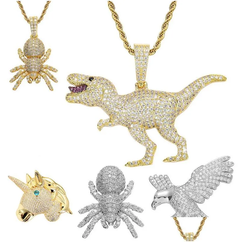 Colares com Pingente de Ouro 18K Colar Animal Conjunto de Jóias Cobre Diamante Zircônia Cúbica Coruja Aranha Unicórnio Tubarão Dinossauro Hip Hop Golde Dhwr6