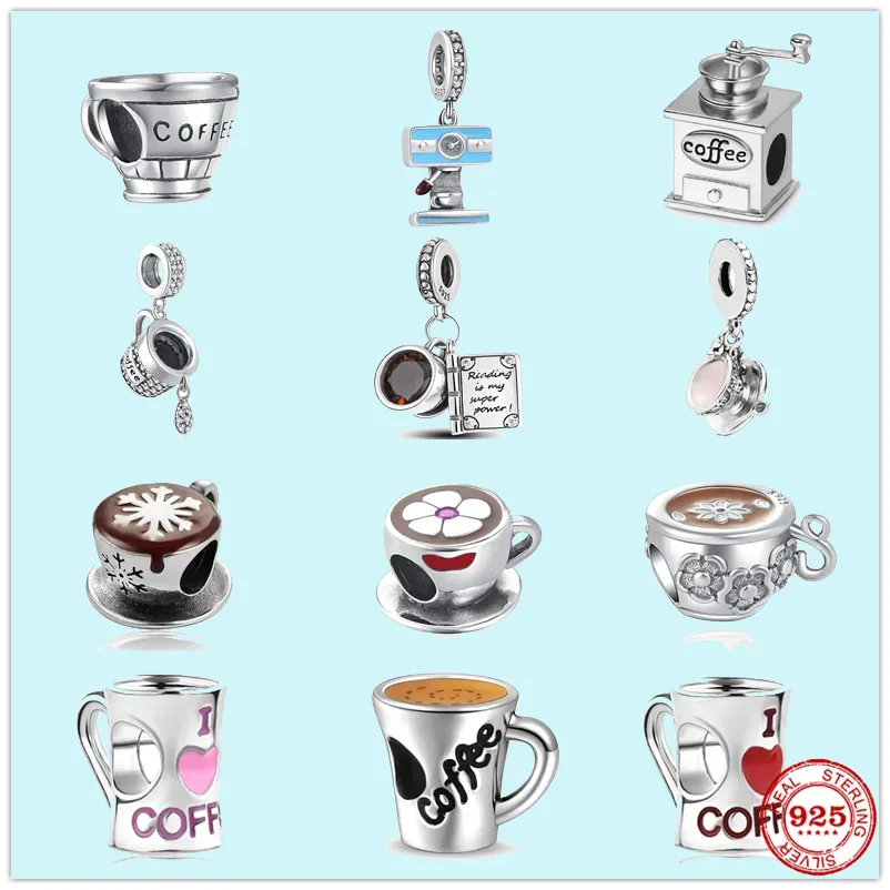 Ciondoli in argento sterling 925 per perline di gioielli pandora 925 Set di ciondoli per braccialetti per tazze da caffè e macchine da caffè Ciondolo