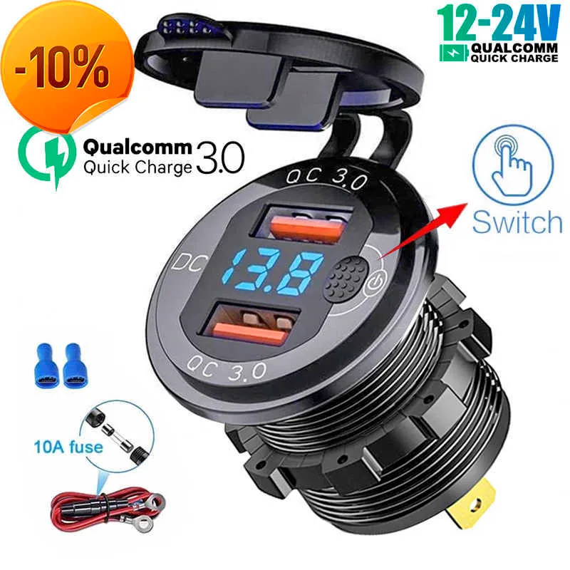 New USB Type C Car Usb Charger Socket 12V/24V Dual USB Outlet PD3.0 QC3.0 Car Socket with LED Voltmeter and ON/Off Switch Fast C
