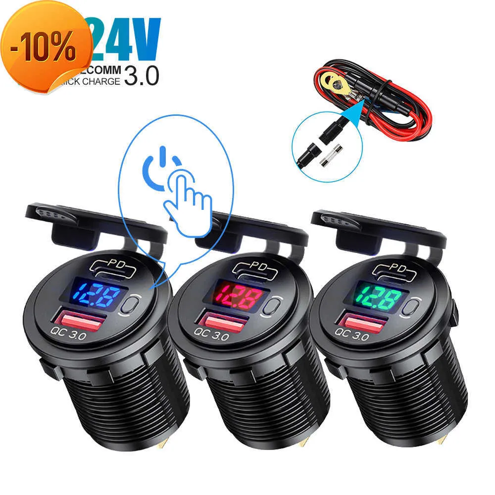 Novo para 12V/24V com tensão Car USB Charger QC3.0 PD Type C USB com Switch Socket Veículos Barco Motocicleta SUV Ônibus Caminhão