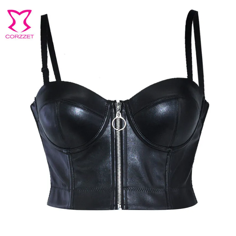 Tanks feminino Camis Steampunk Preto Couro PU Zipper Push Up Bralet Sexy Feminino Bustier Gótico Punk Sutiã Lingerie Night Club Party Cropped Top Colete 230615