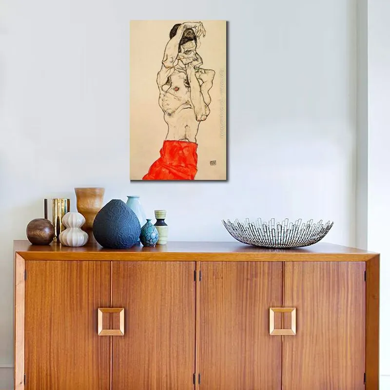 Abstract Figurative Canvas Art Standing Male Nude with A Red Loincloth Egon Schiele Painting Hand Painted Modern Wall Decor