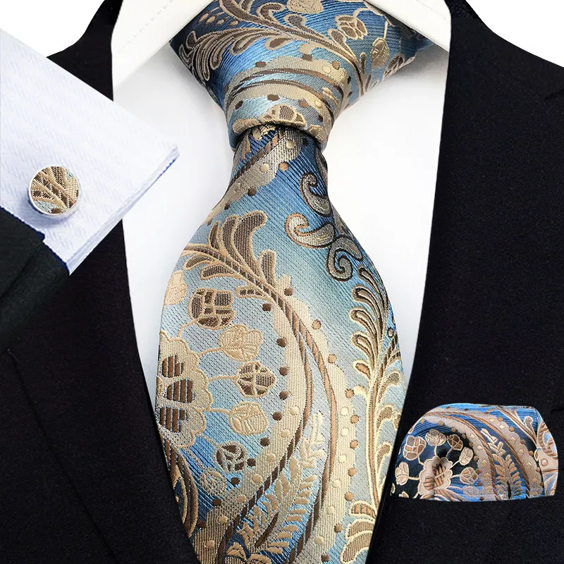 Fliegen Blau Gold Floral Krawatte Für Männer Luxus 8 cm Breite Seide Mi Business Einstecktuch Manschettenknöpfe Set Zubehör Gravata 230615