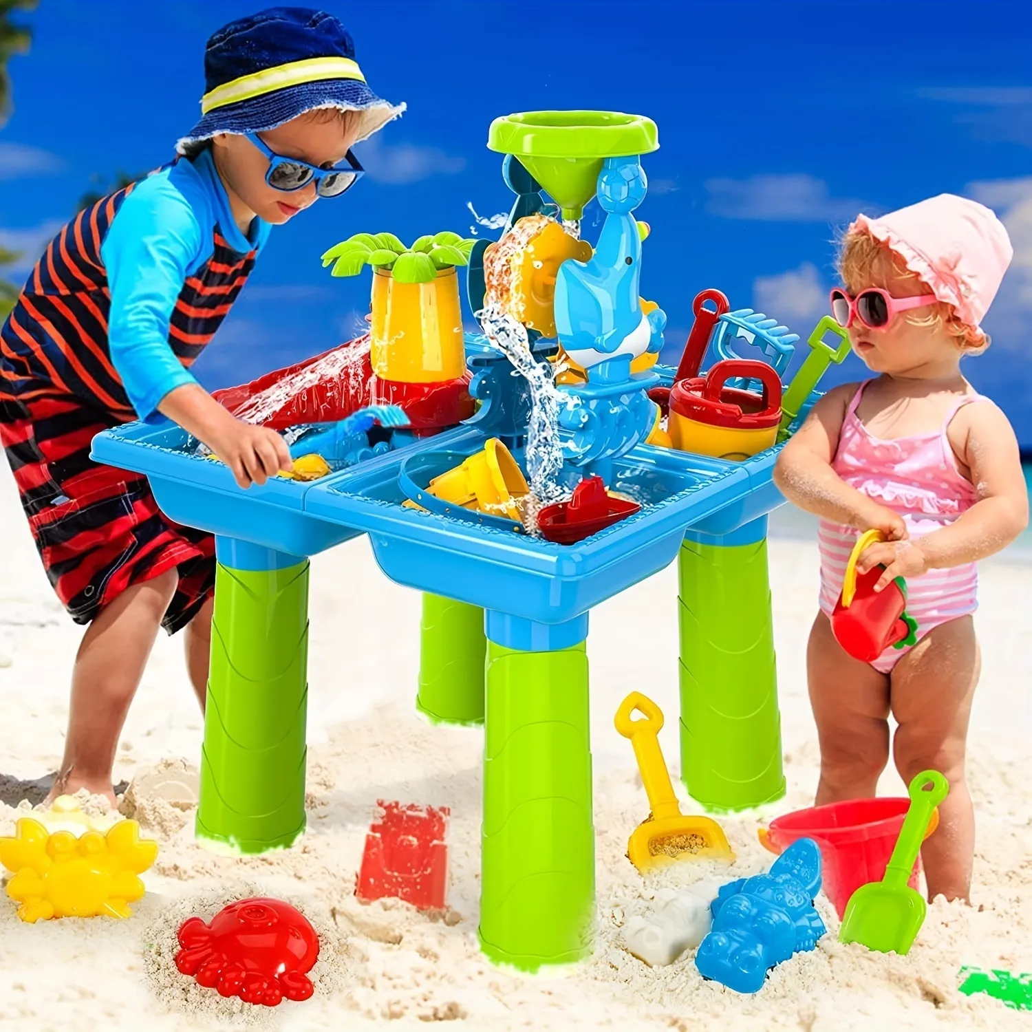 Sand Play Water Fun 4 en 1 et table 15PCS bac à sable avec jouet de plage enfants activité sensorielle été jouets de plein air 230615