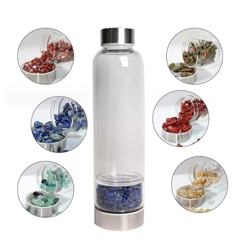 Wasserflasche aus natürlichem Kristallquarzglas, zerkleinerter Quarz, Obelisk, Zauberstab, heilende Energieflaschen, Edelstahlkappe, LCWWG