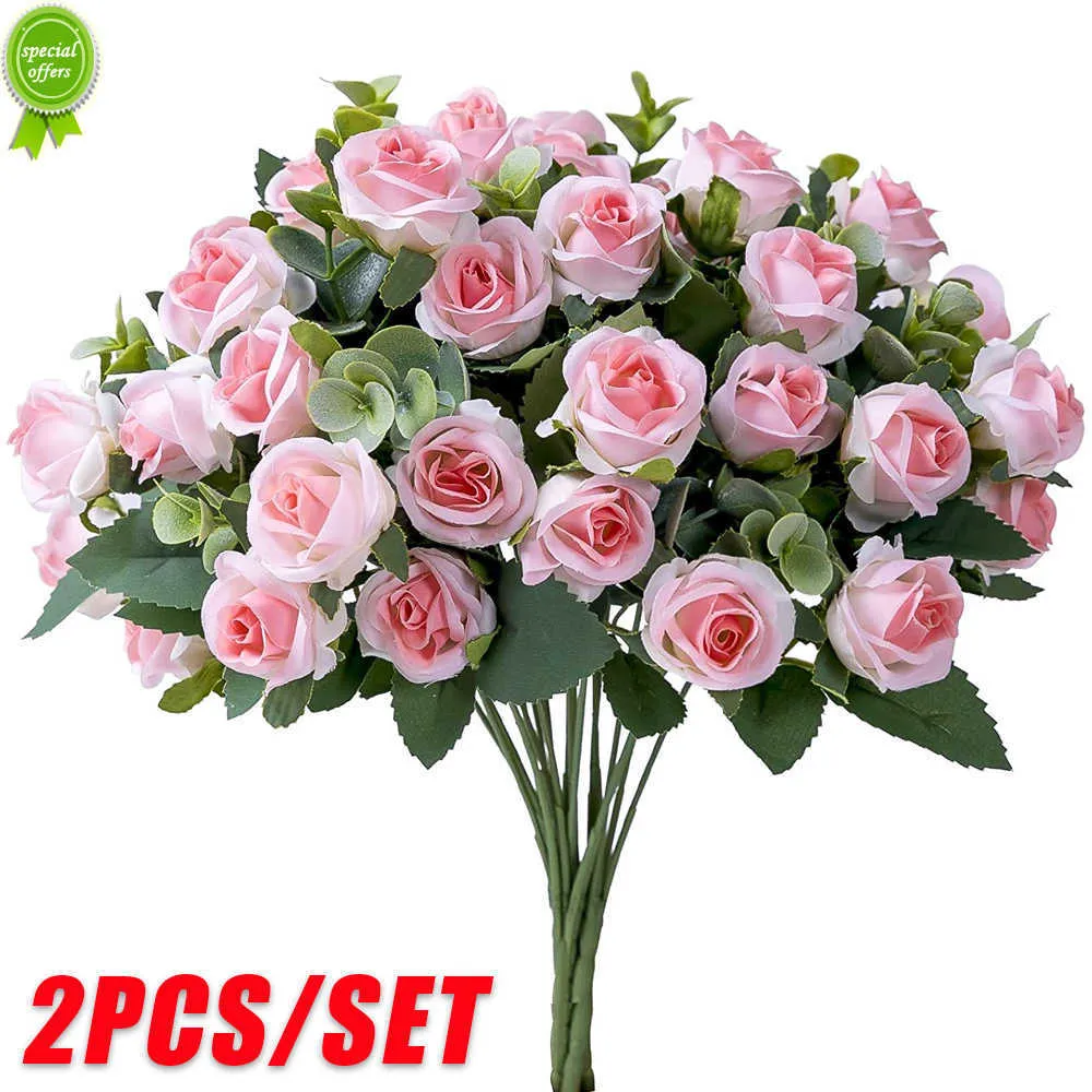 Novo 2 pçs/conjunto flores artificiais 11 cabeças seda rosa eucalipto folhas buquê de flores falsas para casa decoração de festa de casamento suprimentos