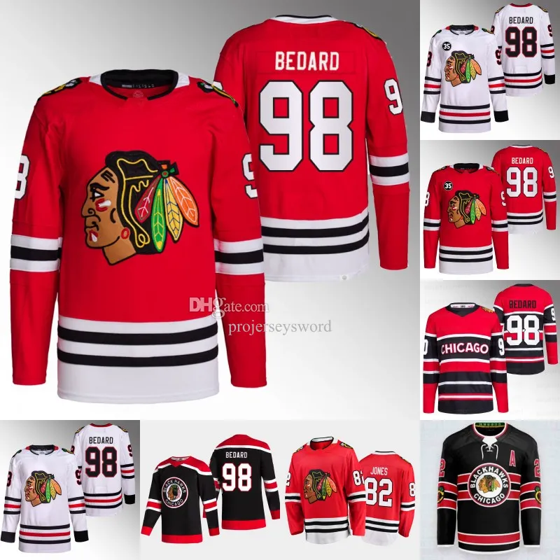 Chicago 98 Connor Bedard Blackhawks Camisas Jonathan Toews Ryan Donato MacKenzie Entwistle Petr Mrazek Nick Foligno Taylor Hall Colton Dach Joey Anderson Camisas