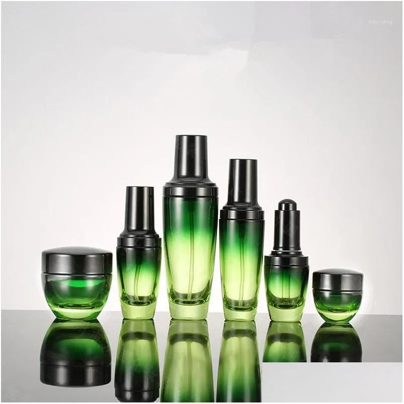 Garrafas de embalagem garrafa de vidro verde Bottle vazio Recipiente cosmético Essência Gotor de pulverização Creme de pele Cuidado com a pele 15g 50g 30/50/100ml1 Drop dhu63