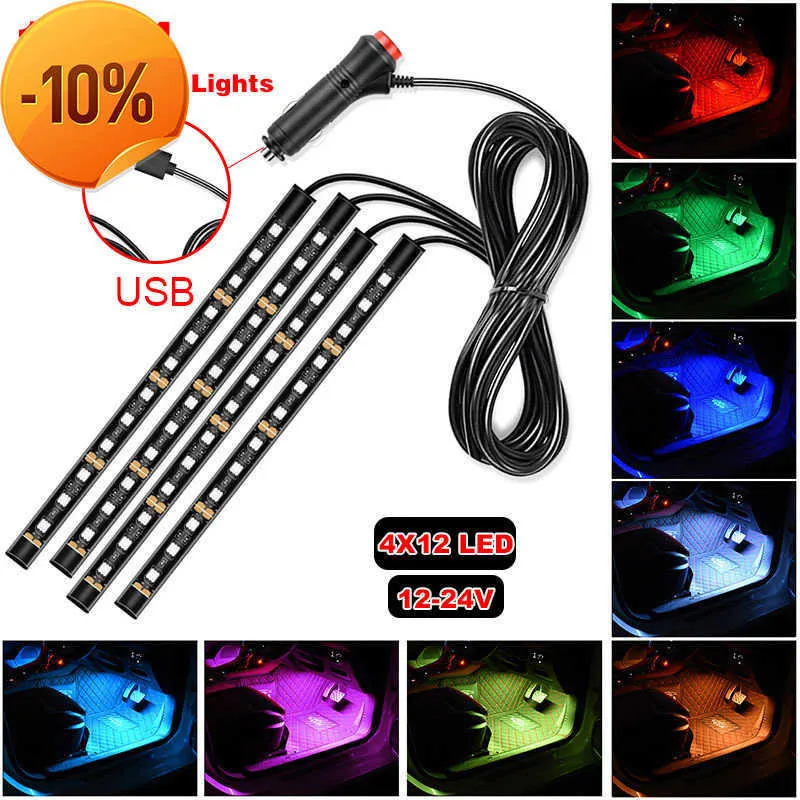 New Multicolor Adhesive Tap Auto Decoration Dash Foot Socket 48 LED Strip Lamp Car Cigarette Lighter Atmosphere Lights 12-24V