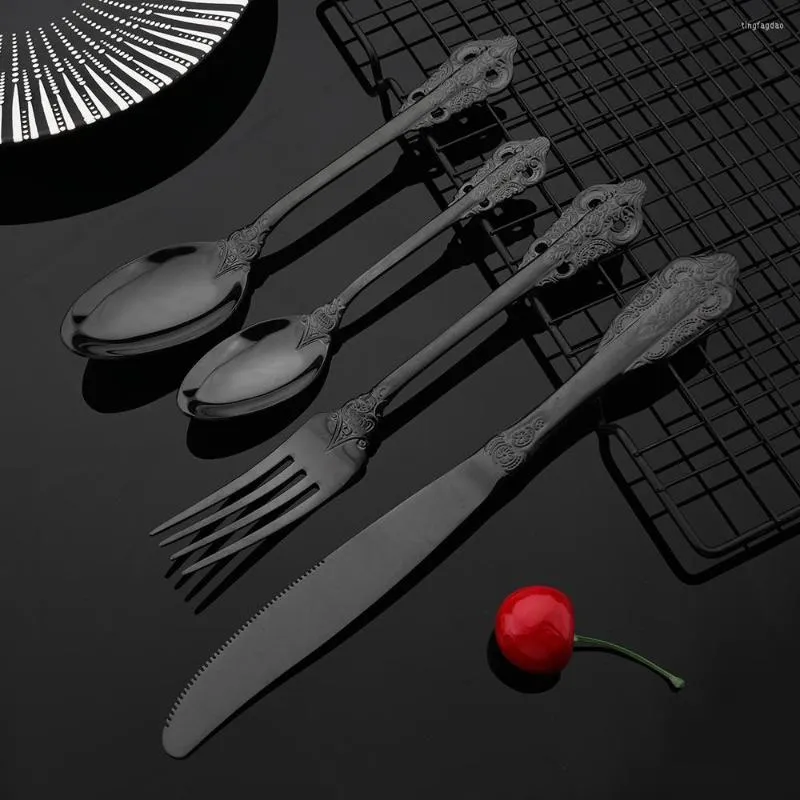 Dinnerware Sets 16/24Pcs Black Set Stainless Steel Cutlery Vintage Knife Fork Coffee Spoon Flatware Western Kitchen Tableware