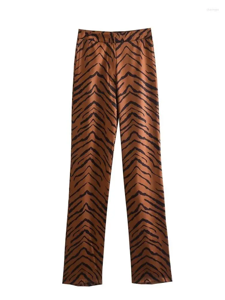 Vrouwen Broek ZXQJ Vrouwen 2023 Mode Zijzakken Animal Print Vintage Hoge Taille Rits Uitlopende Vrouwelijke Broek Mujer