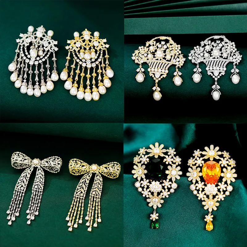 Pins Brooches Luxury Jewelry Natural Freshwater Pearl Flower Basket Brooches Micro-inlaid Zircon Copper Gold-plated Bowknot Tassel Broochpin 230616