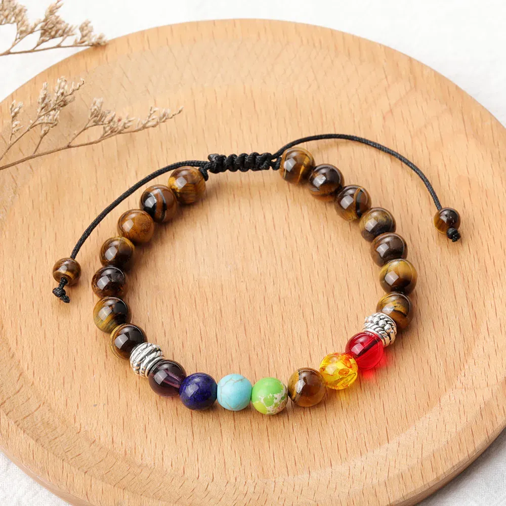 Tiger Eye Beaded Bracelet Verstelbare 8mm Strengen voor Yoga Healing Balance Mens en Womens 7 Chakra Sieraden