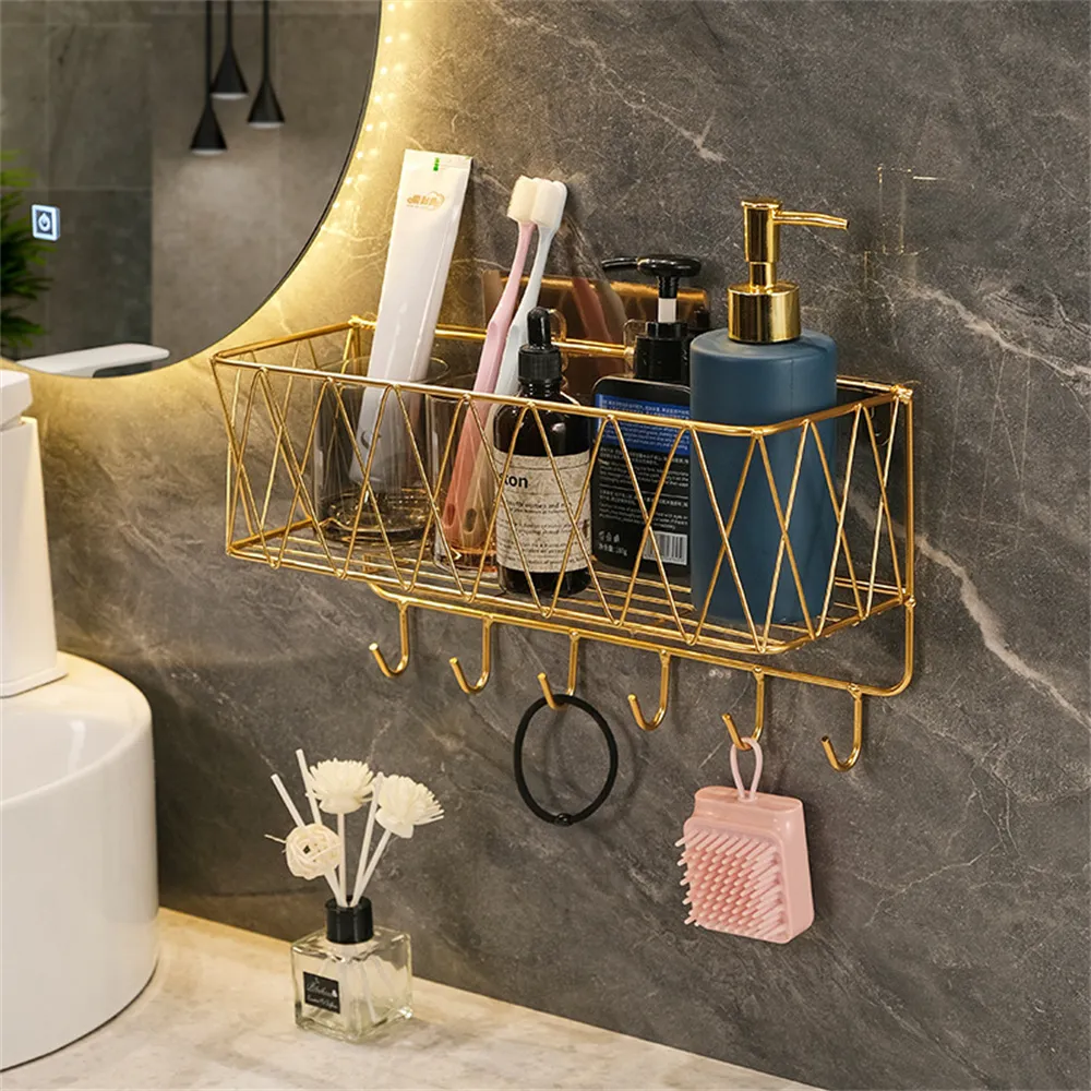 Hooks Rails Bathroom Shelves No drill Corner Shelf Shower Storage Rack Holder Shampoo Gel Toilet Organizer Door Key Wall 230615