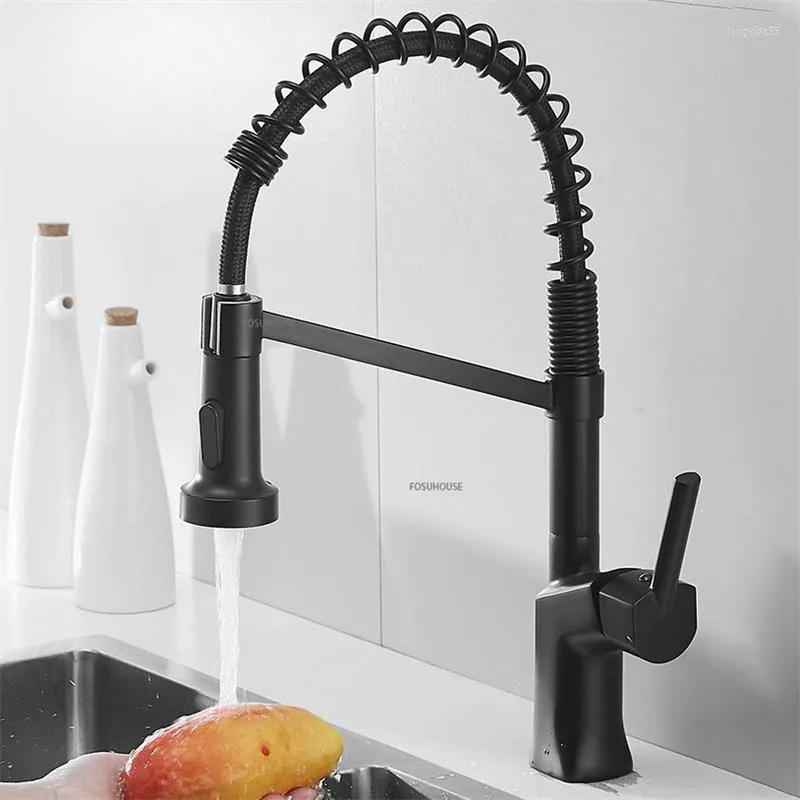 Mutfak Muslukları Güverte Montajlı Siyah Çekme Yay musluk lavabosu tek kollu ve soğuk su 360 ° rotasyon püskürtücü mikser musluklar