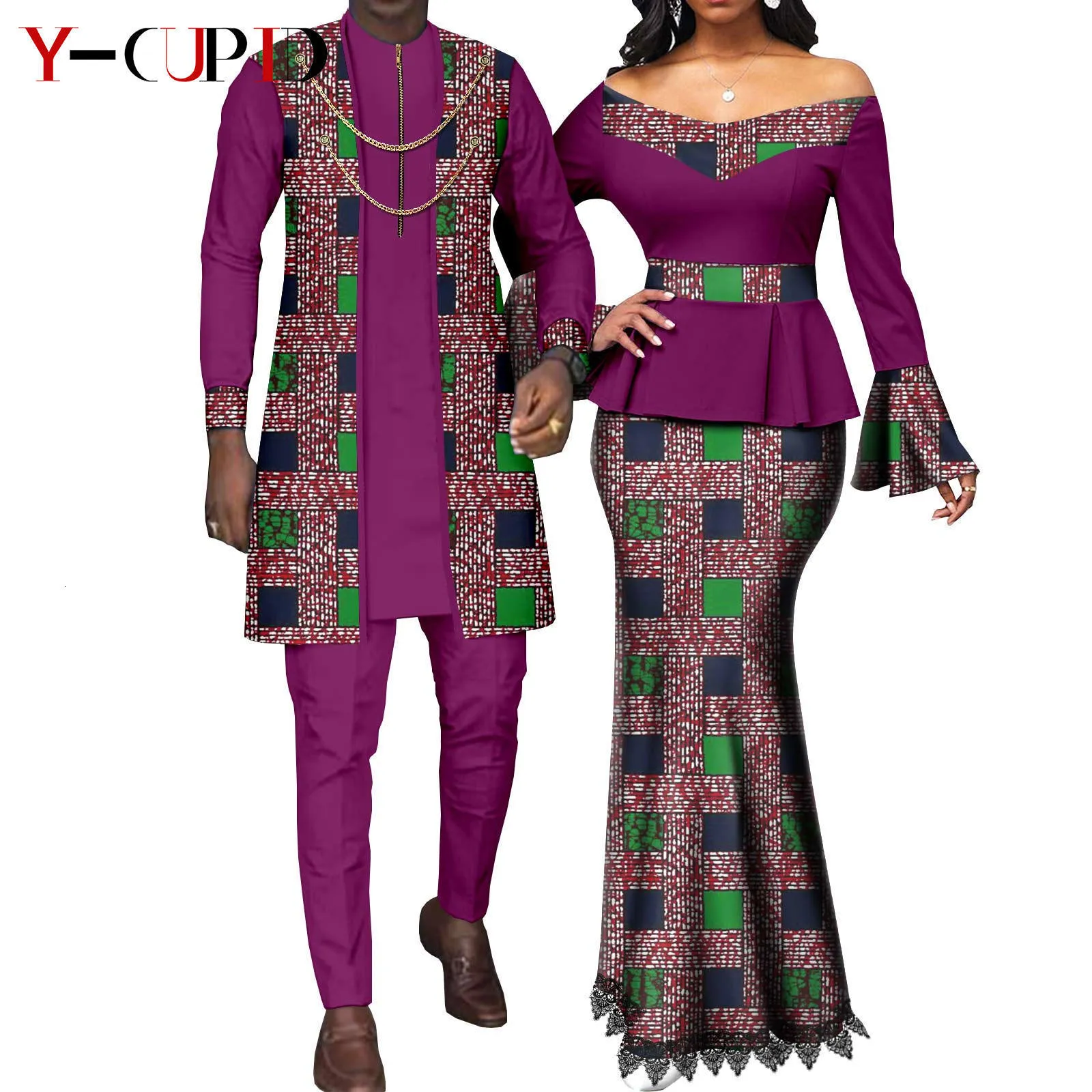 African Couple Matching Wedding Outfits Bazin Riche Print Top Lace Skirt Set for Women Dashiki 3 Piece Set for Men Cotton Handmade 2024