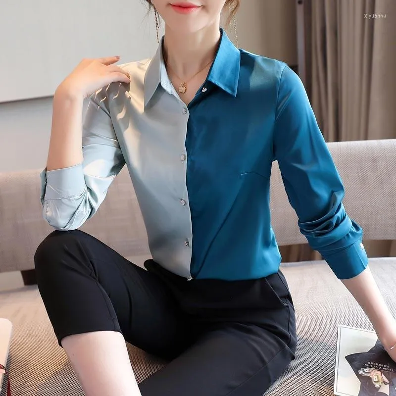 Damesblouses Koreaanse zijden shirts Dames Satijn met lange mouwen OL Elegante dames patchwokblouse Office Lady Shirt XXL Damestops