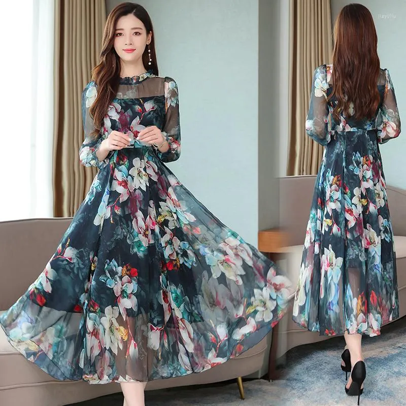 Floral Chiffon Midi Dress - Women's Spring Long Sleeve Loose Fit, Round  Neck, Plus Size French Style Casual Dress, Blue from Dhgate Basic & Casual  Dresses - price 46.79