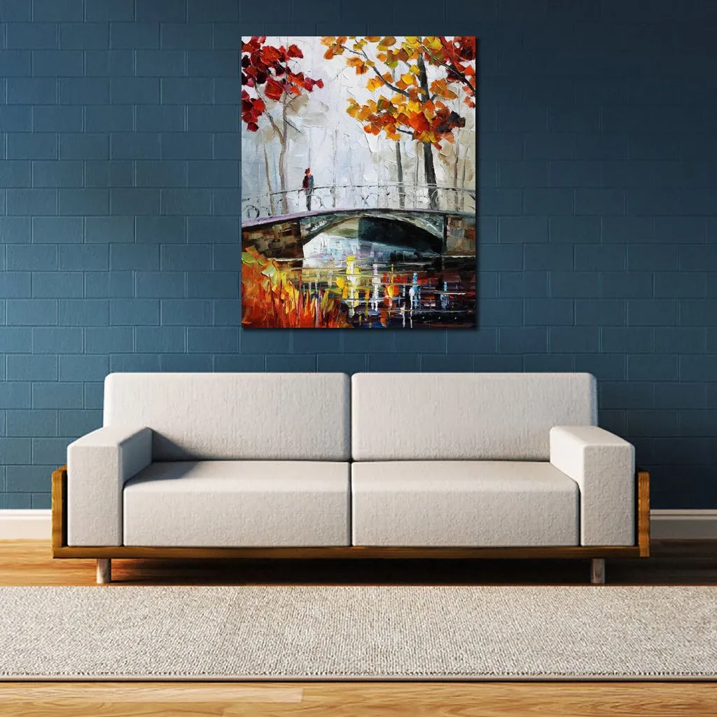 Colorful Textured Canvas Art on The Bridge Hand Painted Abstract Artwork Urban Landscape High Quality