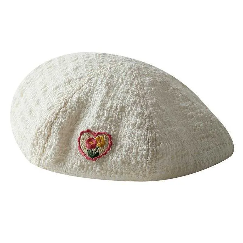 Basker lade älskar hatt japansk söt färsk broderiery basker kvinnlig sommar tunn blommig lapp bubbla pumpa knopp hatt trend z0616