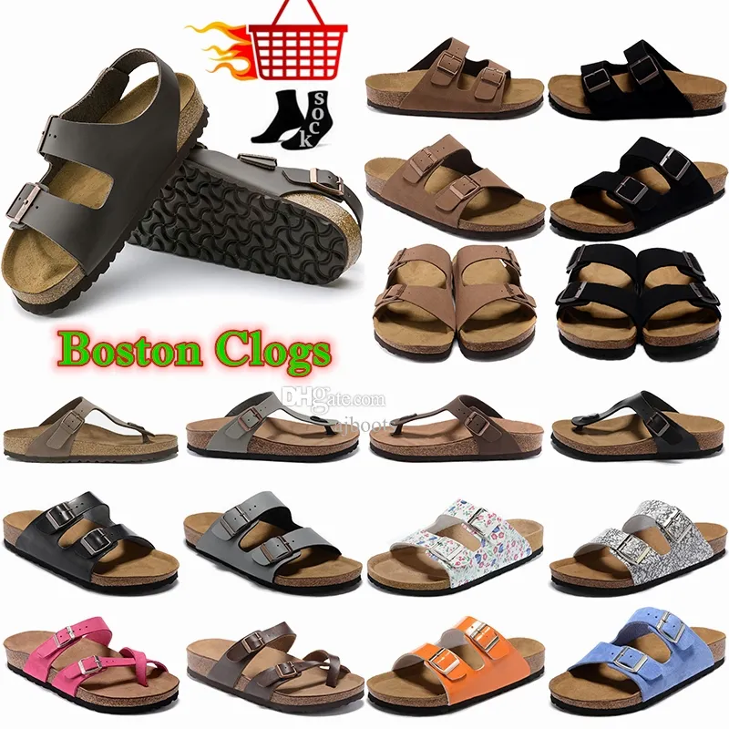 Tasarımcı Sandaletler Çift Toka Boston Takunyaları Üzerinde Kayma Erkek Bayan Düz Sandalet Mantar Tabanlı Açık Toe Slaytlar Yaz için Terlik Ayarlanabilir Kayma
