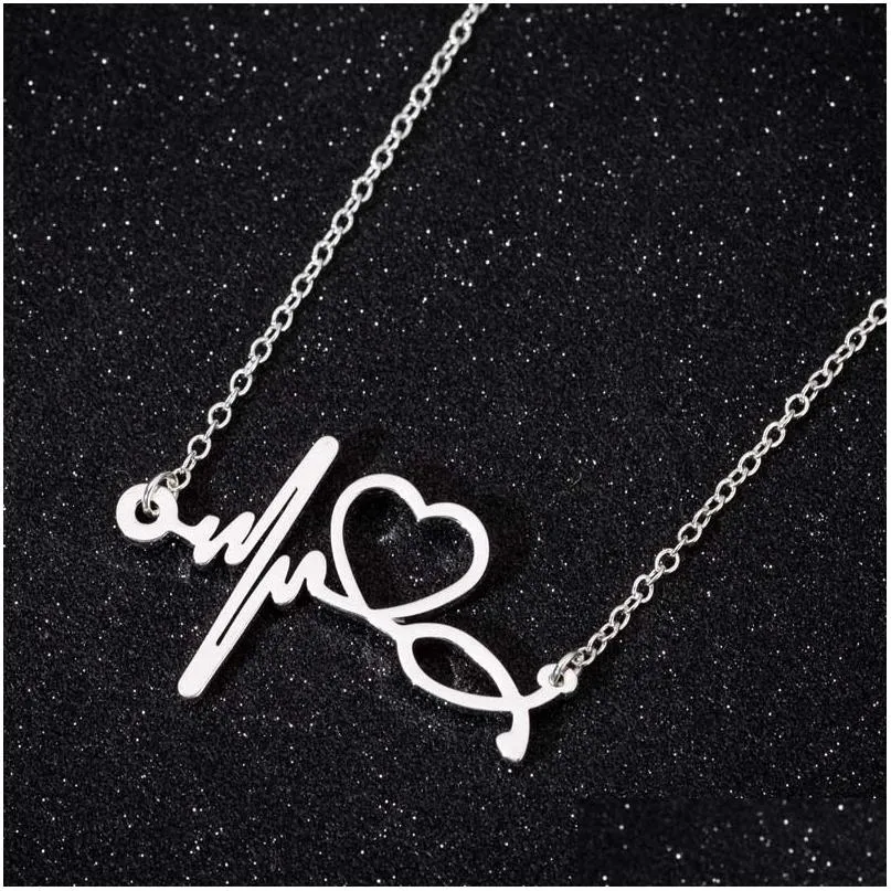 Pendant Necklaces Stainless Steel Stethoscope Ecg Heart Necklace Sier Gold Heartbeat Women Fashion Jewelry Will And Sandy Drop Deliv Dhkcm