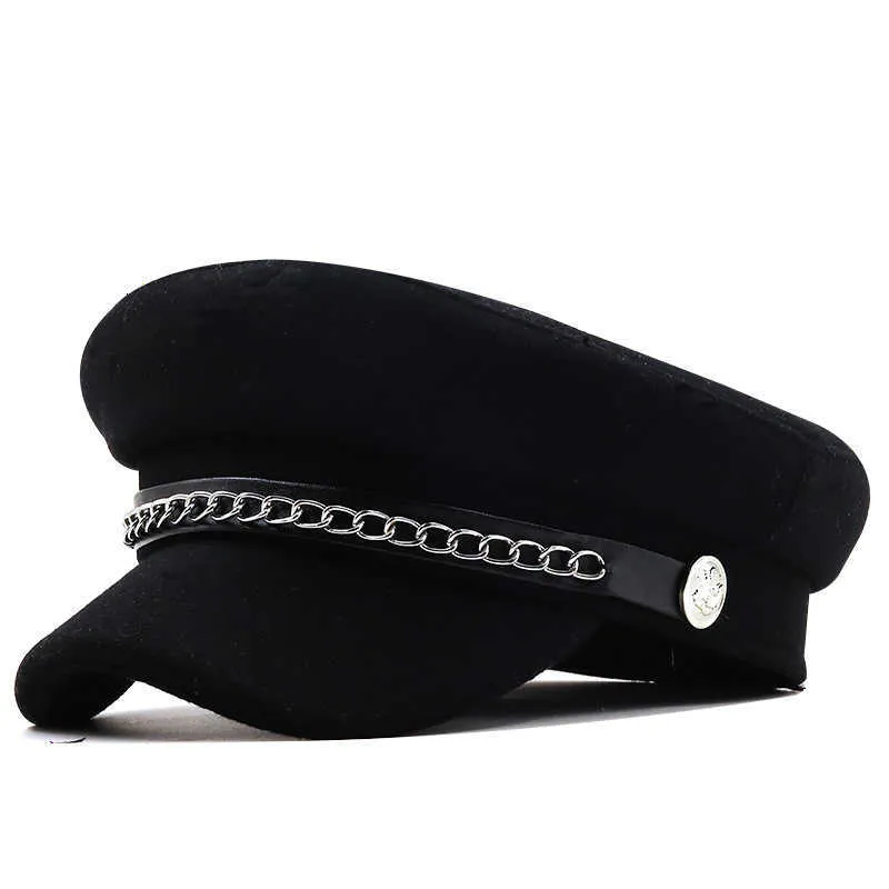 Bérets Automne hiver chaîne noir bérets militaires pour femmes femme plat armée casquette Salior chapeau fille voyage bérets dames peintres casquette Z0616