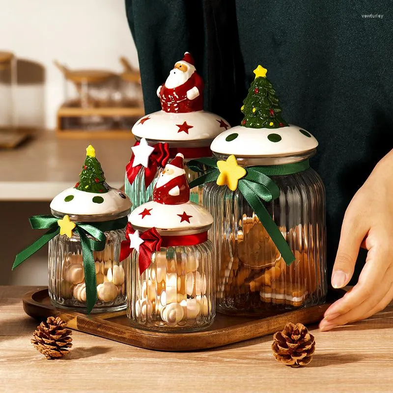 Storage Bottles Christmas Glass Snack Candy Jar Food With Lid Sealed Kitchen Container Jars Cute Organizer Gift