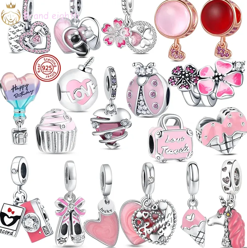 Pandora Charms Sterling Gümüş Boncuklar Bilezik Pembe Sonsuzluk Kalp Şarabı Cam Çiçek Charmes Ciondoli