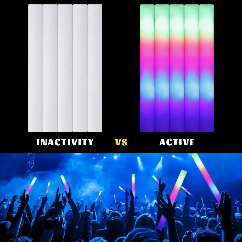 LED Glow Sticks Bulk Colorful RGB Glow Foam Stick Cheer Tube Dark Light for Xmas Birthday Wedding Party Supplies