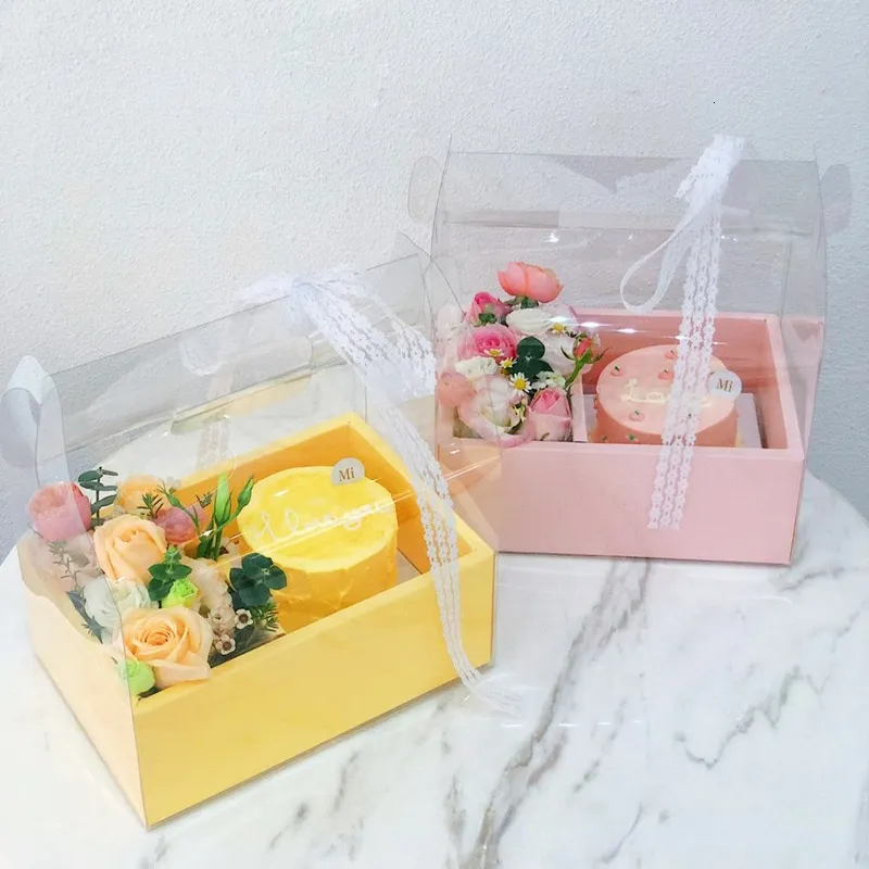 Andra evenemangsfestleveranser 4Inch Portable Cake Flower Packaging Box Transparent Flower Bouquet Decoration Presentförpackning Bröllop Souvenirer för gäster Presentväskor 230615