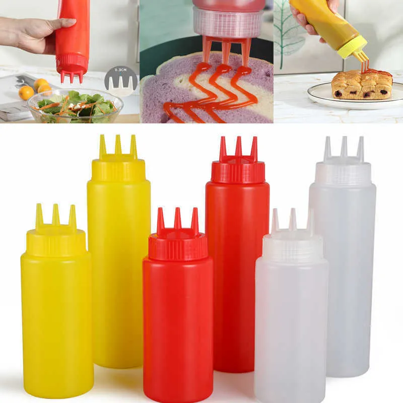 Novo PE Squeeze Bottle Dispensador de Condimentos de Três Furos Molho Vinagre Ketchup Galheteiro Molhos Recipiente Molho de Tomate Garrafa de Mostarda