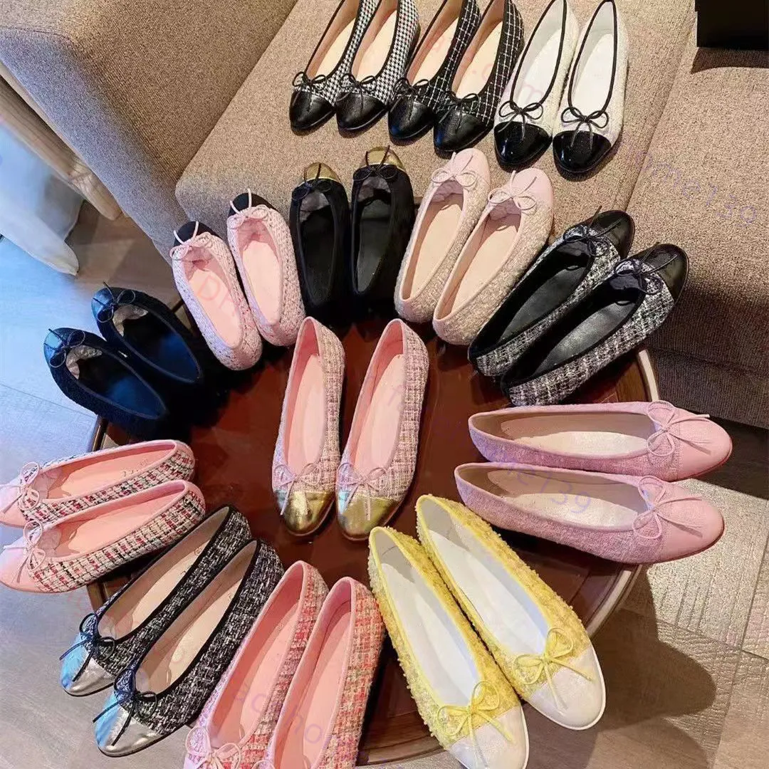 Ballet Flats Fashion Designer Shoes Casual shoes Women Basic Leather Tweed Cloth Two Bow Round Toe Dress Shoes loafers Nude Womens Sneakers Fisherman Shoes