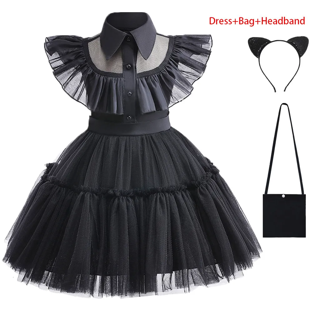 Wednesday Addams Dress for Girls Wednesday Costumes Halloween Cosplay  Costume Party Outfit with Belt 