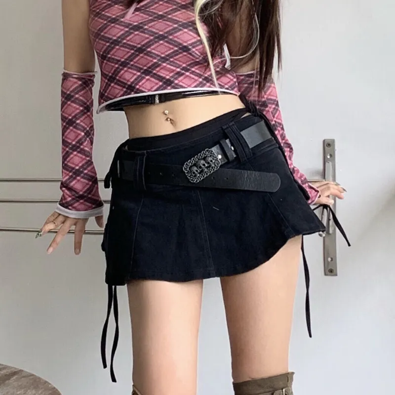 Kjol harajuku låg midja mini kjol punk gotisk skalle midjeband flicka svart vit denim kawaii culotte plus storlek 230616