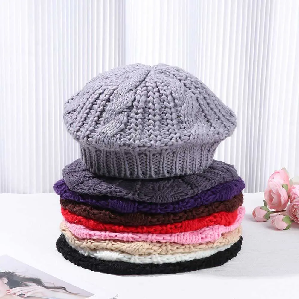 ベレーター冬の暖かいヴィンテージリブフレンチアーティストキャップ画家帽子ニットキャップベレー帽子Z0616