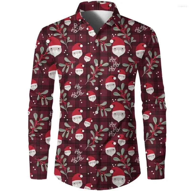 Camisas casuais masculinas havaianas para homens, série de Natal, padrão de desenho animado, impressão, camisa de moda, botão de lapela digital 3D, estilo festivo