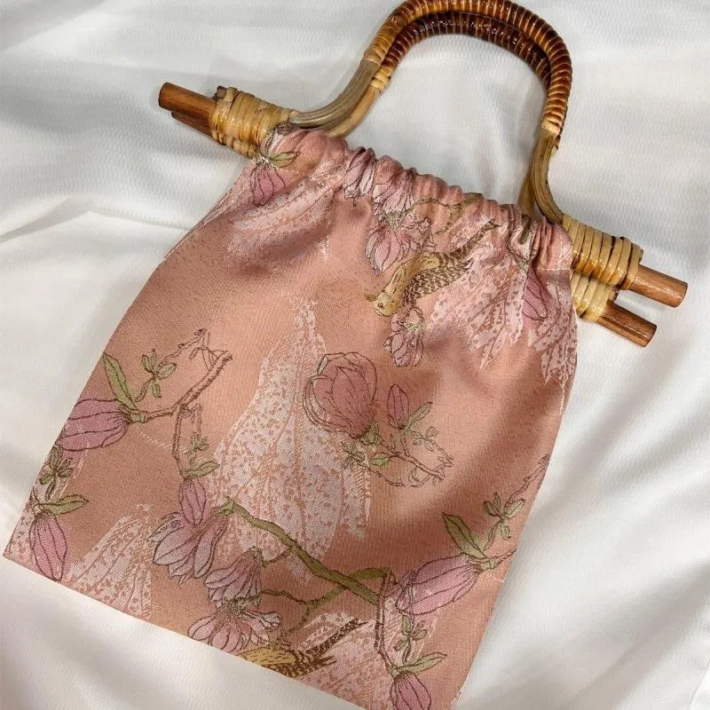 Sacos de noite vintage cor rosa casamento flores bolsas para mulheres bolsa de mão de madeira viagem praia bolsas femininas franja