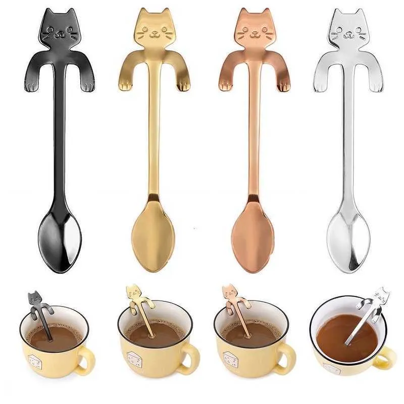 Nova colher de café de aço inoxidável linda colher de chá em forma de gato sobremesa lanche colher sorvete mini colheres talheres utensílios de cozinha