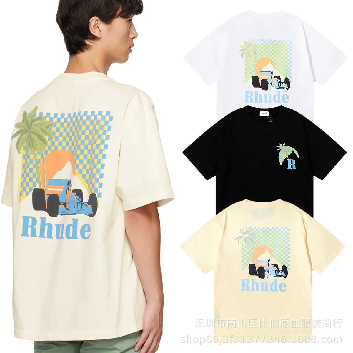 T-shirts pour hommes Top Artisanat Rhudes été Créateur de mode Chaozhou marque RHUDE impression de course de noix de coco col rond manches courtes couples lâche bas chemise moitié