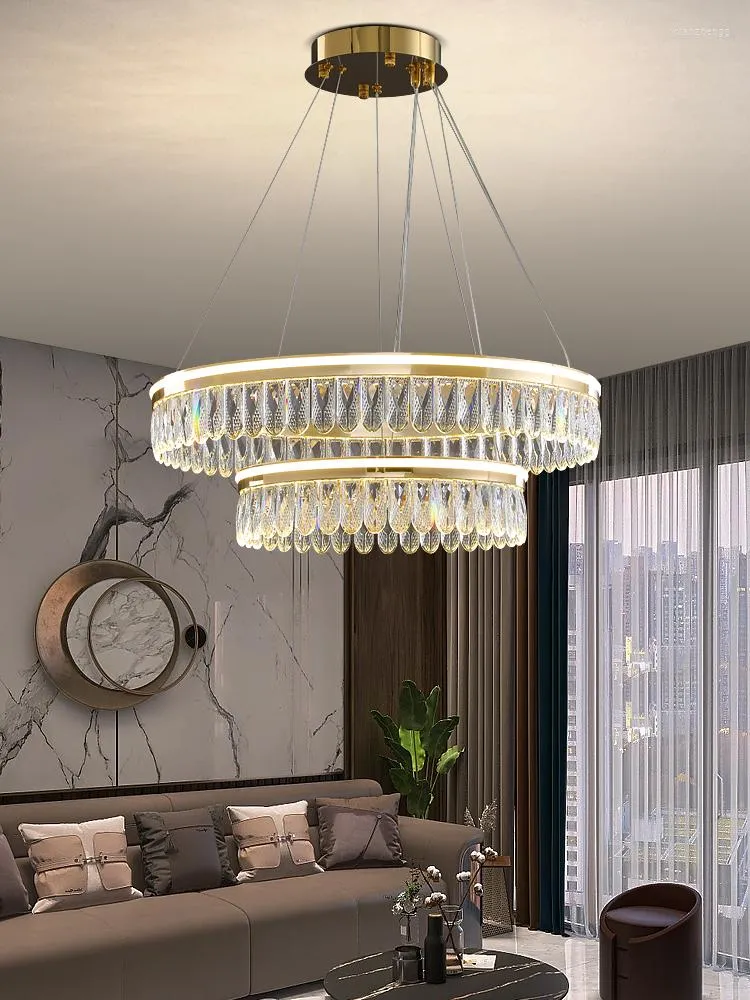 Lustres Cristal Pendentif Lumières Pour Hall Salon Moderne De Luxe Or LED Dimmable Anneau Table À Manger Chambre Cuisine Décor